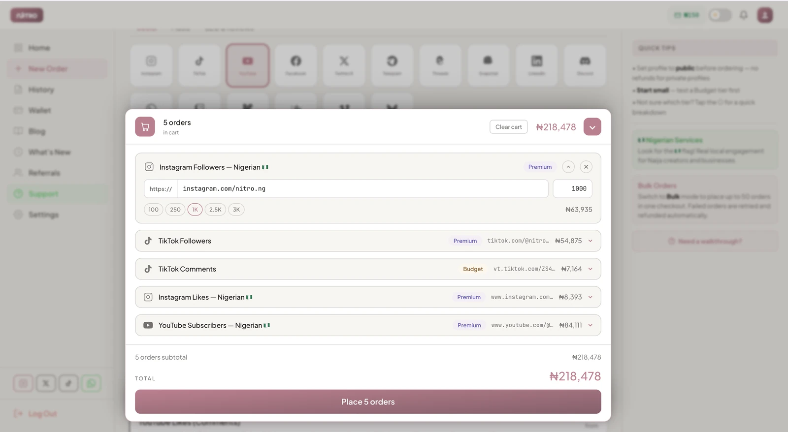 Nitro bulk mode with Instagram, TikTok and YouTube orders in one cart reviewed before a single checkout