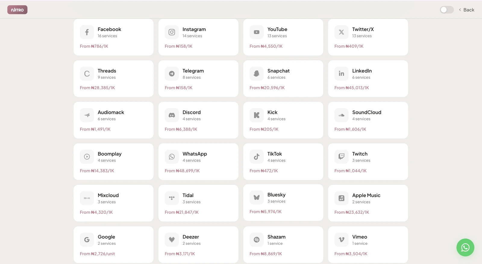 Nitro platform catalogue showing 28 platforms with Naira starting prices per 1,000