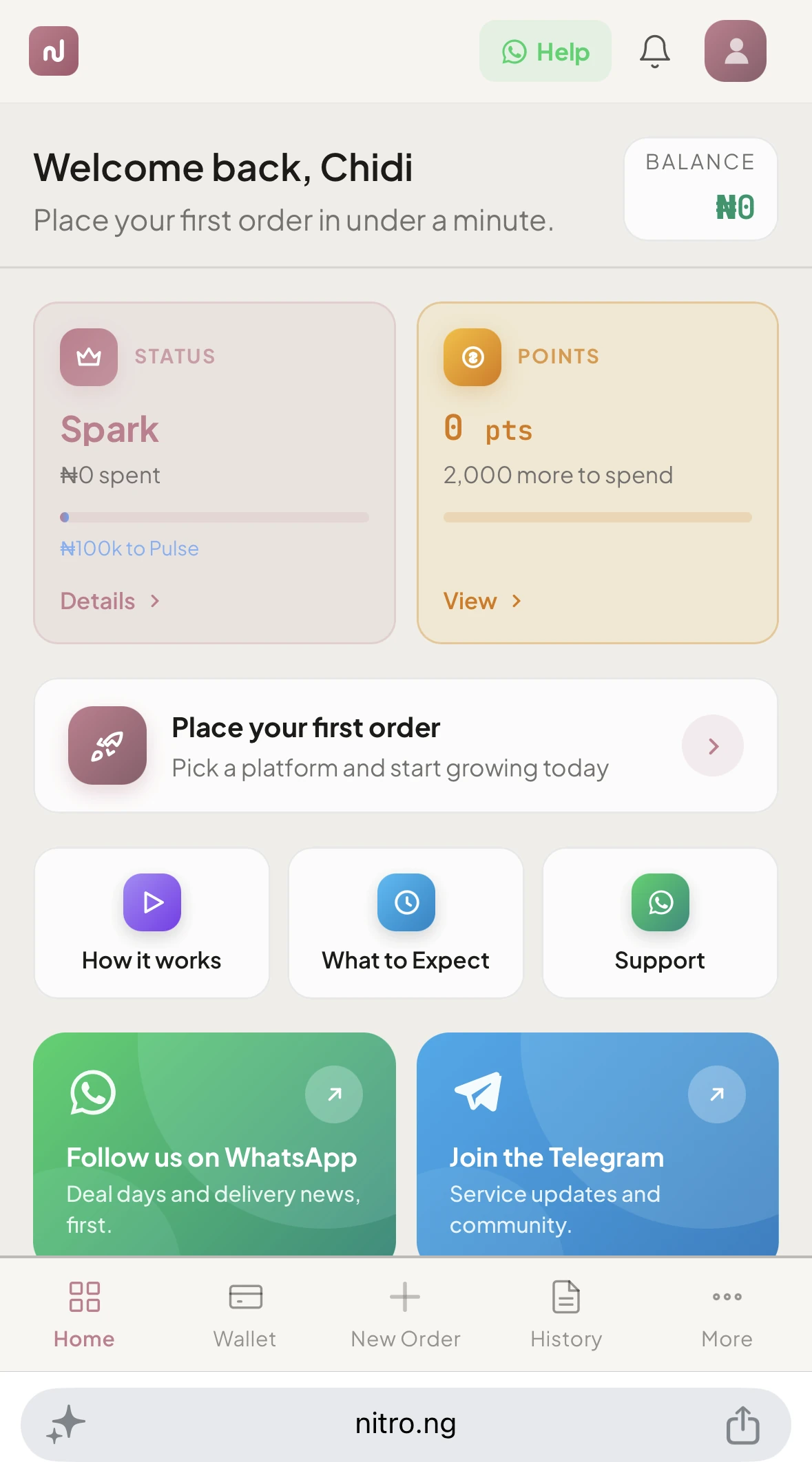 Nitro dashboard on mobile showing wallet, platforms and order form