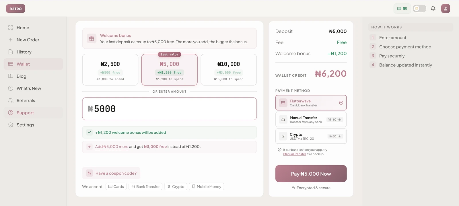 Nitro first deposit bonus tiers showing free credit earned on deposits
