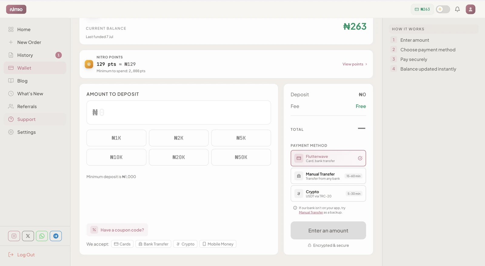 Nitro wallet funding page showing bank transfer and card payment options